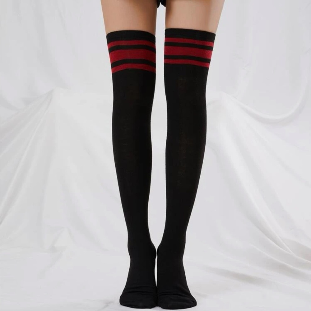 New Black & Red Striped Over the Knee High Socks